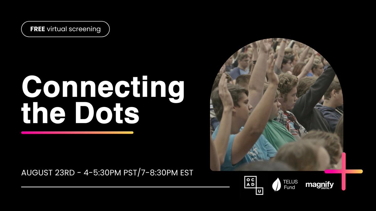 connectdotsfilm's tweet photo. Join us for a special FREE live screening of @ConnectingtheDots and be part of an innovative research project!  Be part of the discussion post-screening with Director Noemi Weis and Dr. Sara Diamond
Register now: https://t.co/YQNdwg6sKj
#safelyfedcanada #telusfund #magnifydigital https://t.co/ZdlbsrhIqt