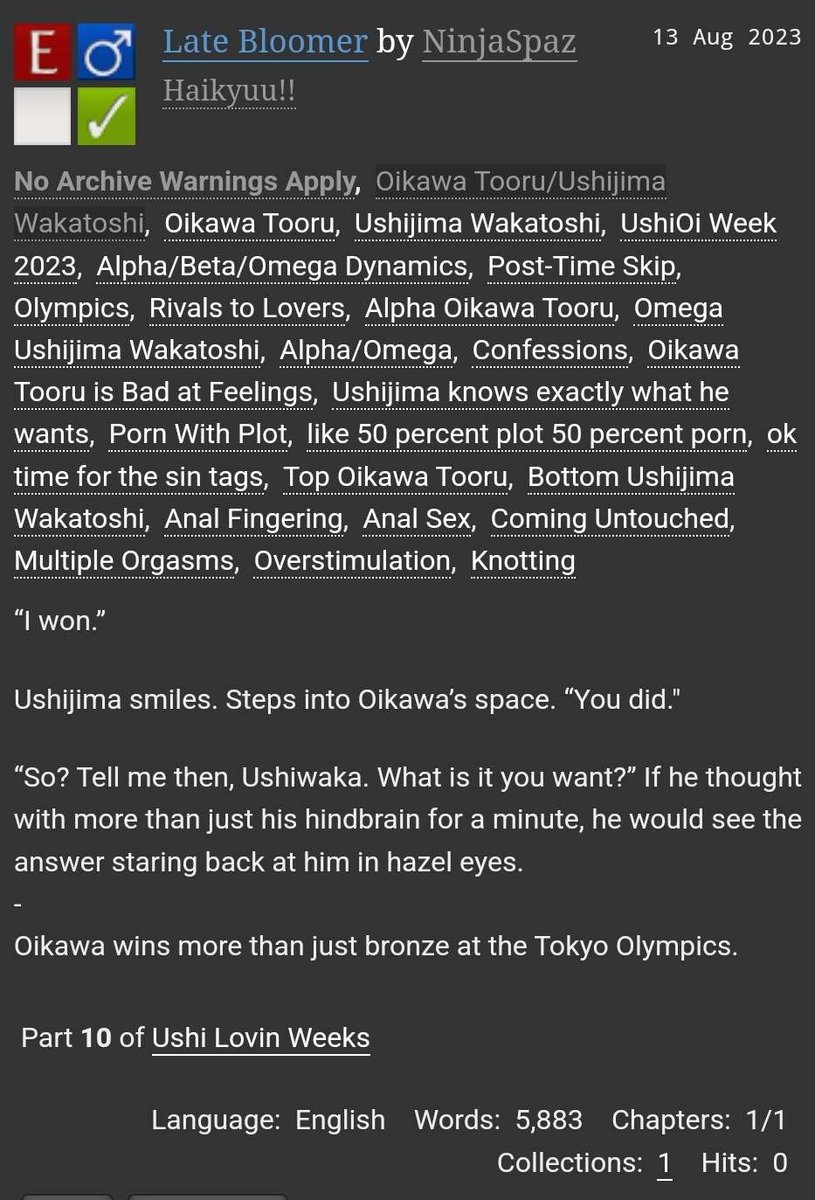 AniNinjaSpaz's tweet photo. 🔞🌸 Late Bloomer 🌸🔞
@ushioiweeks Day 1: Omegaverse

rated E | 5.8k | Omega Ushi

#UshiOiWeek2023NSFW  #ushioi #BottomUshiWeekend

🔗: https://t.co/uxCnmhT3wS https://t.co/3GPMsiEEJC