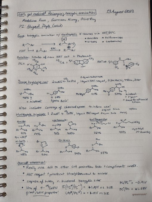 #ChemTweetHighlights The Doyle group combines a modified 4-CzIPN with a new HAT reagent to allow nucleophilic amination of benzylic positions. Complementary to nitrene world, it deftly handles hindered benzylic C-Hs with a range of N sources. tinyurl.com/3x2keyx7