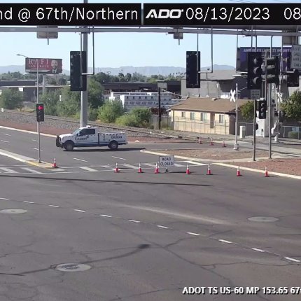 ArizonaDOT's tweet photo. *REMINDER*  US 60 (Grand Ave) eastbound is closed at 67th Ave/Northern.  

The closure is due to an earlier fire off the mainline.  

Expect delays and seek an alternate route.  There is no estimated time to reopen the highway. https://t.co/lz8A61ozuJ