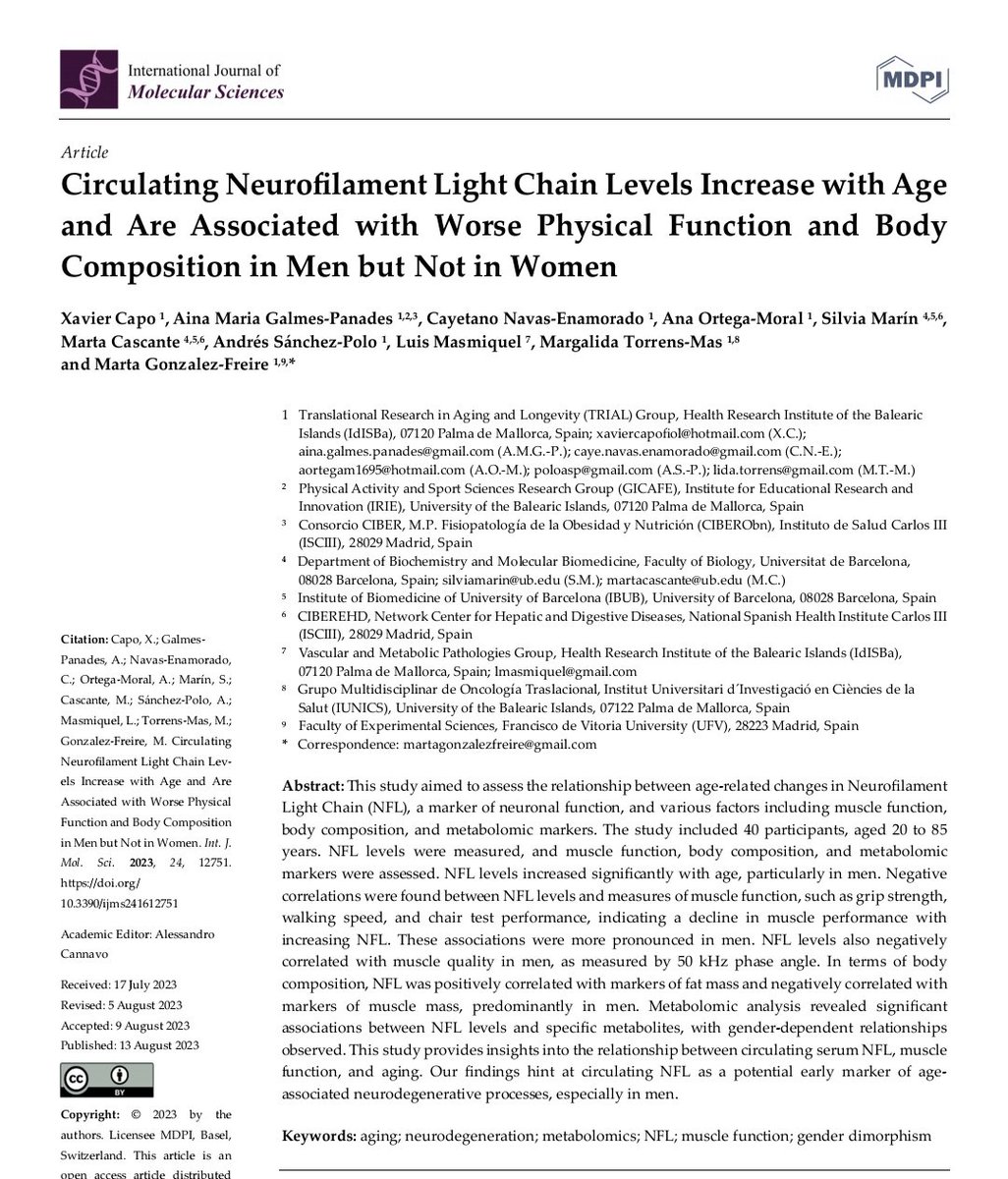 AinaPanades's tweet photo. Very happy to see published the first article of the Balearic Islands Study of Aging (BILSA), from the TRIALS research group! 

Thanks to all co-authors and volunteers! 

@IJMS_MDPI @idisbaib @martagonzalezfr https://t.co/3XkaVW6kHI