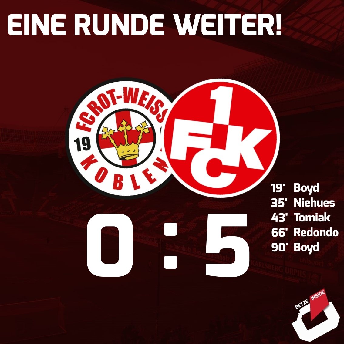 betze_inside's tweet photo. Souveräner Auswärtssieg.
Zum ersten Mal seit 2019 steht der FCK wieder in der 2. Runde des DFB-Pokals!
#RWKFCK #Betze #DFBPokal https://t.co/YD9VEUDRnD