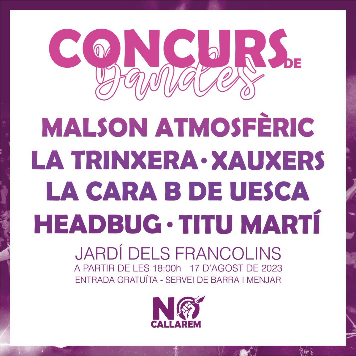 Ei, que ens tornem a veure les cares! 😍

📅📍Aquest dijous 17 a l’Espluga tindrà lloc el Concurs de Bandes, a les 18h!

Recordeu que el vot del públic també compte i que les bandes competeixen per obrir el NoCallarem Fest del 2024!

Ens veiem en 4 dies 🧡🔥