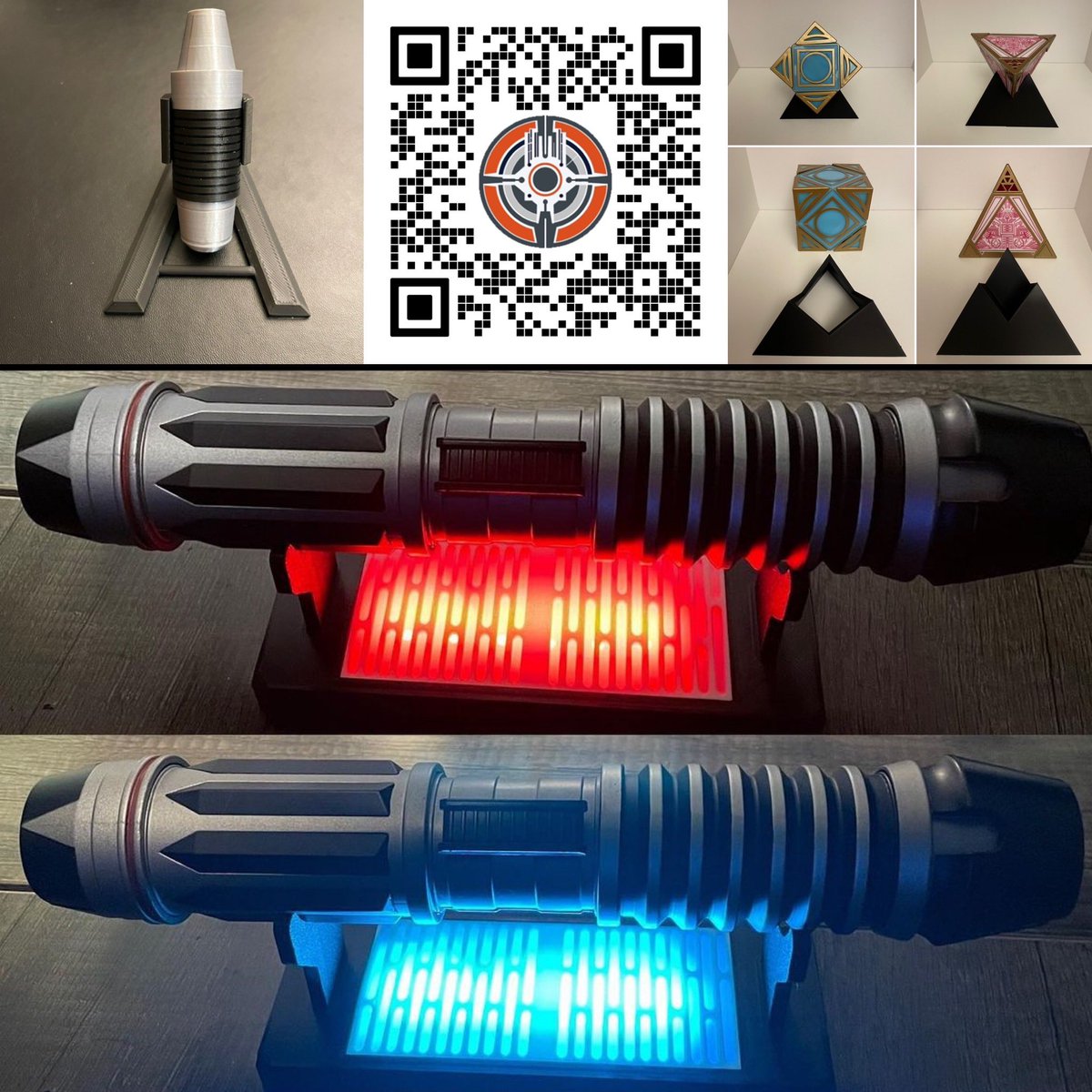 Lightsaber Stands, Holicron Stands, & Comlinks. Great gifts for Star Wars fans & collectors. #starwars #lightsaber #holocron #comlink #jedi #sith #theforce #corelliantradingco #giftideas #buysmall #etsy #etsyshop #followme #3dprinting #3dprintedprops #empire #rebelalliance