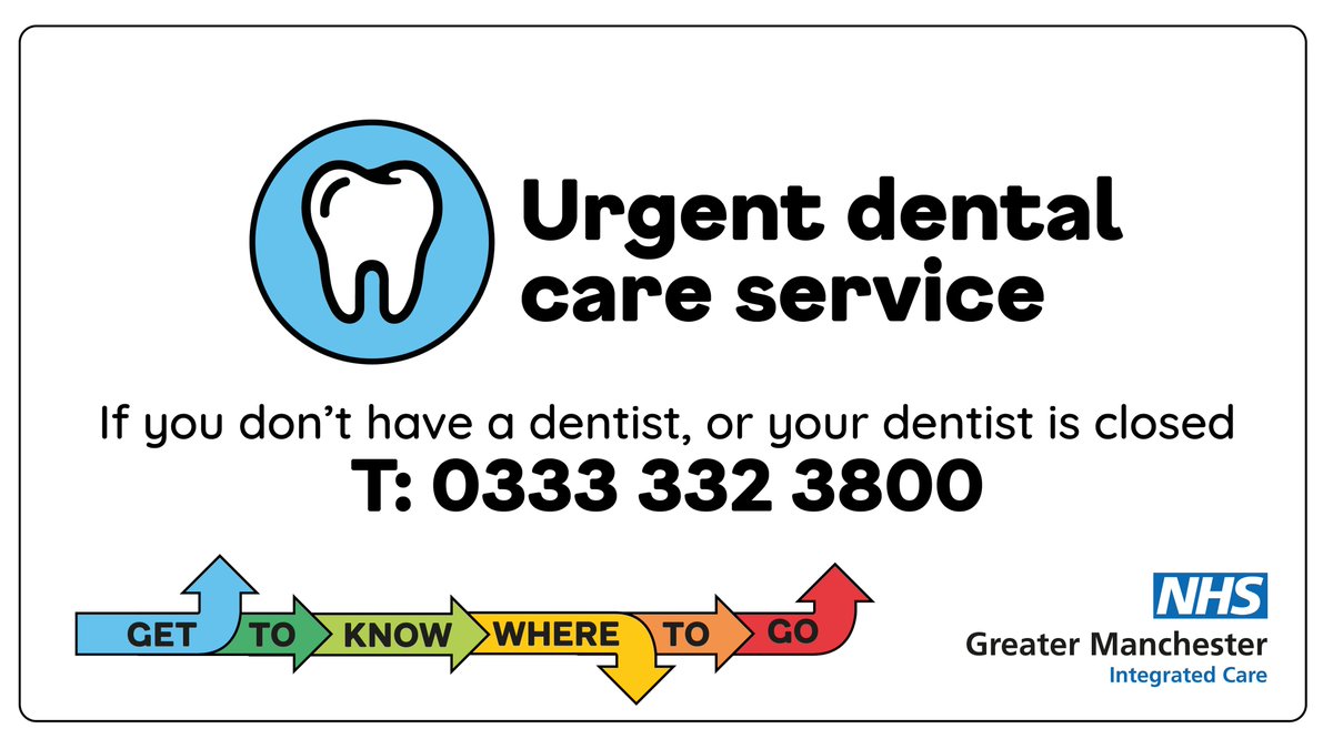 If you have pain in your mouth, teeth or gums contact your dentist. 
 
If your dentist is closed or you don’t have a regular dentist, call the Greater Manchester Urgent Dental Care Service on 0333 332 3800. 

#GTKWTG