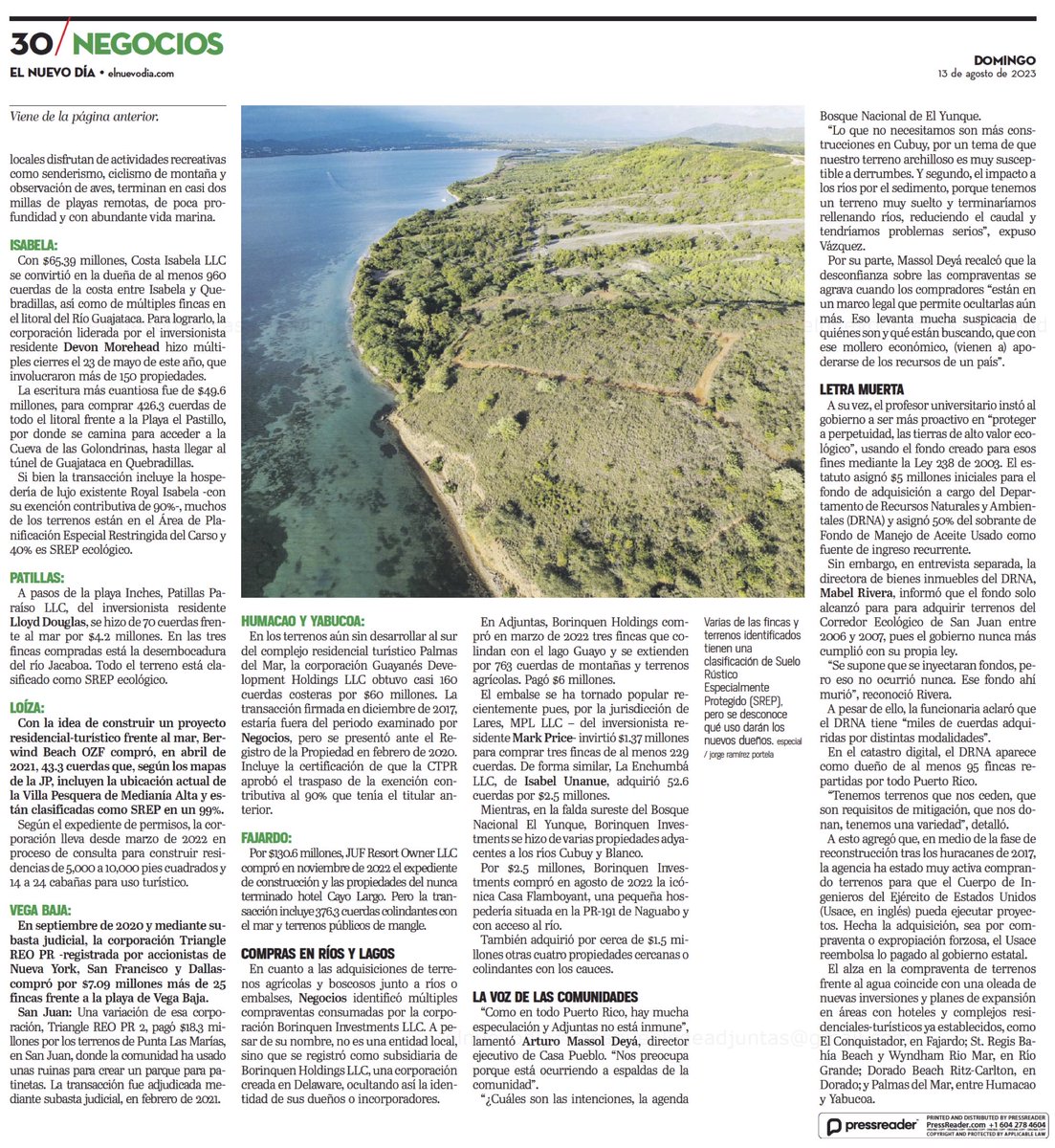 🚨ALARMA: En los pasados 4 años, corporaciones locales y foráneas se han agenciado miles de cuerdas en múltiples zonas boscosas y costeras de gran valor en 🇵🇷. elnuevodia.com/negocios/biene… <a href="/sharonminelli/">Sharon Minelli</a>
