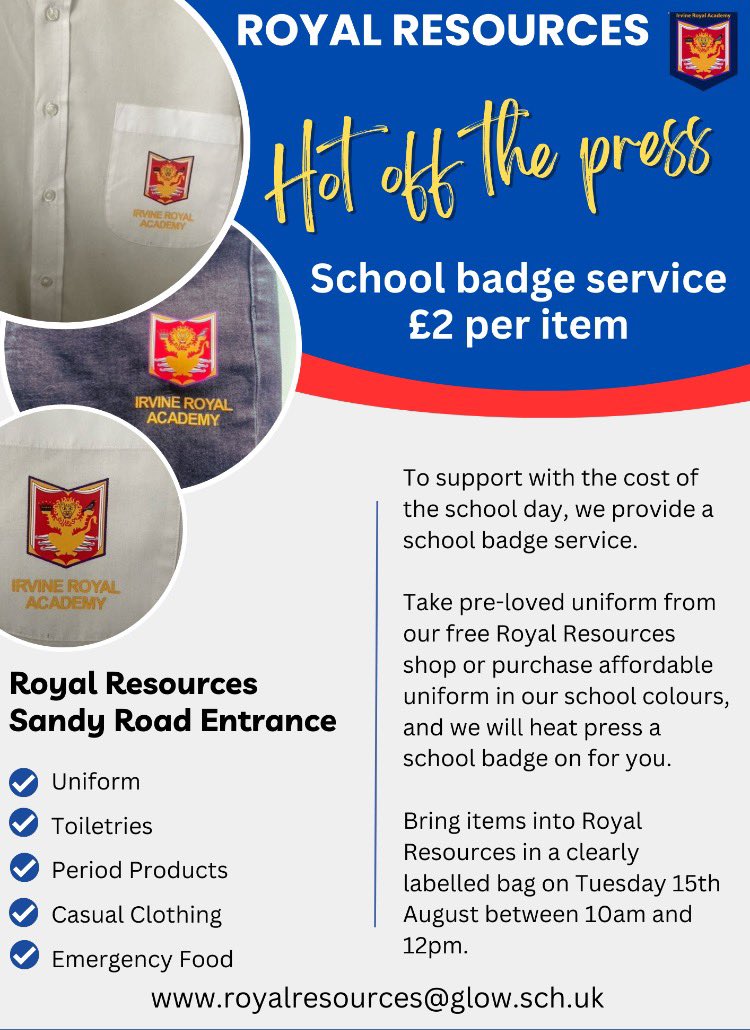 Royal Resources will be open on Tuesday from 10am until 12pm #BelieveInBetter <a href="/IrvineRoyalAcad/">Irvine Royal Academy</a>