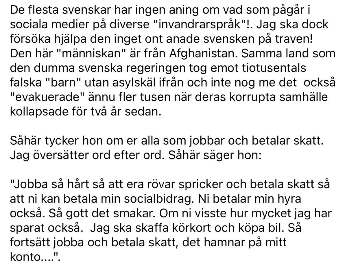 katjanouch's tweet photo. Afghansk tjej:

"Jobba så hårt så att era rövar spricker och betala skatt så att ni kan betala min socialbidrag. Ni betalar min hyra också. Så gott det smakar. Om ni visste hur mycket jag har sparat också.  Jag ska skaffa körkort och köpa bil."

#svpol #migpol https://t.co/1g3sSyFLOE