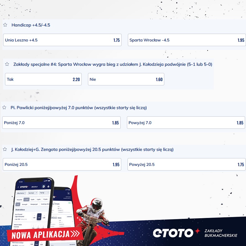 PoKredziePL's tweet photo. 💥Nasz dzisiejszy #konkurs - "tor przeszkód" z oferty @etotopl na hit @EkstraligaTV #LESWRO (19:15).
💰Nagrody: 5xfreebety 170 PLN łącznie
👉Zasady: https://t.co/I7cukpldjc
🏁Pełna oferta #Etoto #bukmacherzy na #Żużel: https://t.co/O3l7QGTQMz #Leszno #Wrocław https://t.co/QuzTZbjefP