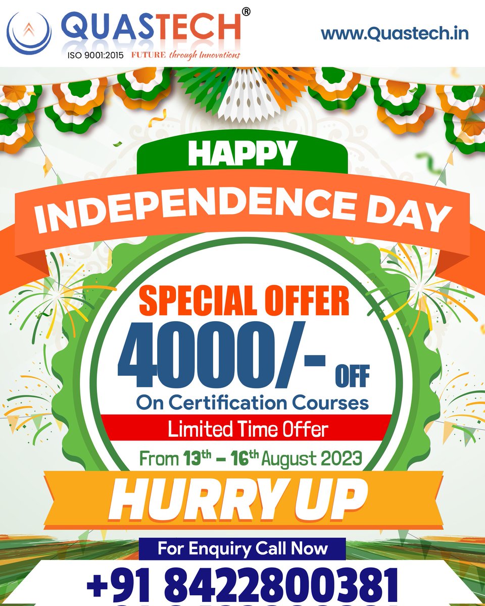 therealameet's tweet photo. Give Yourself Freedom To Choose the Right Course from the Best Institute

Get *Rs4000* Discount on Certificate courses.

Discount starts from 13th to 16th August 2023

Hurry Up &amp; Book your Seat

8422800381
https://t.co/t0XQNDPuGx
#quastech https://t.co/TGtmuA4jZk