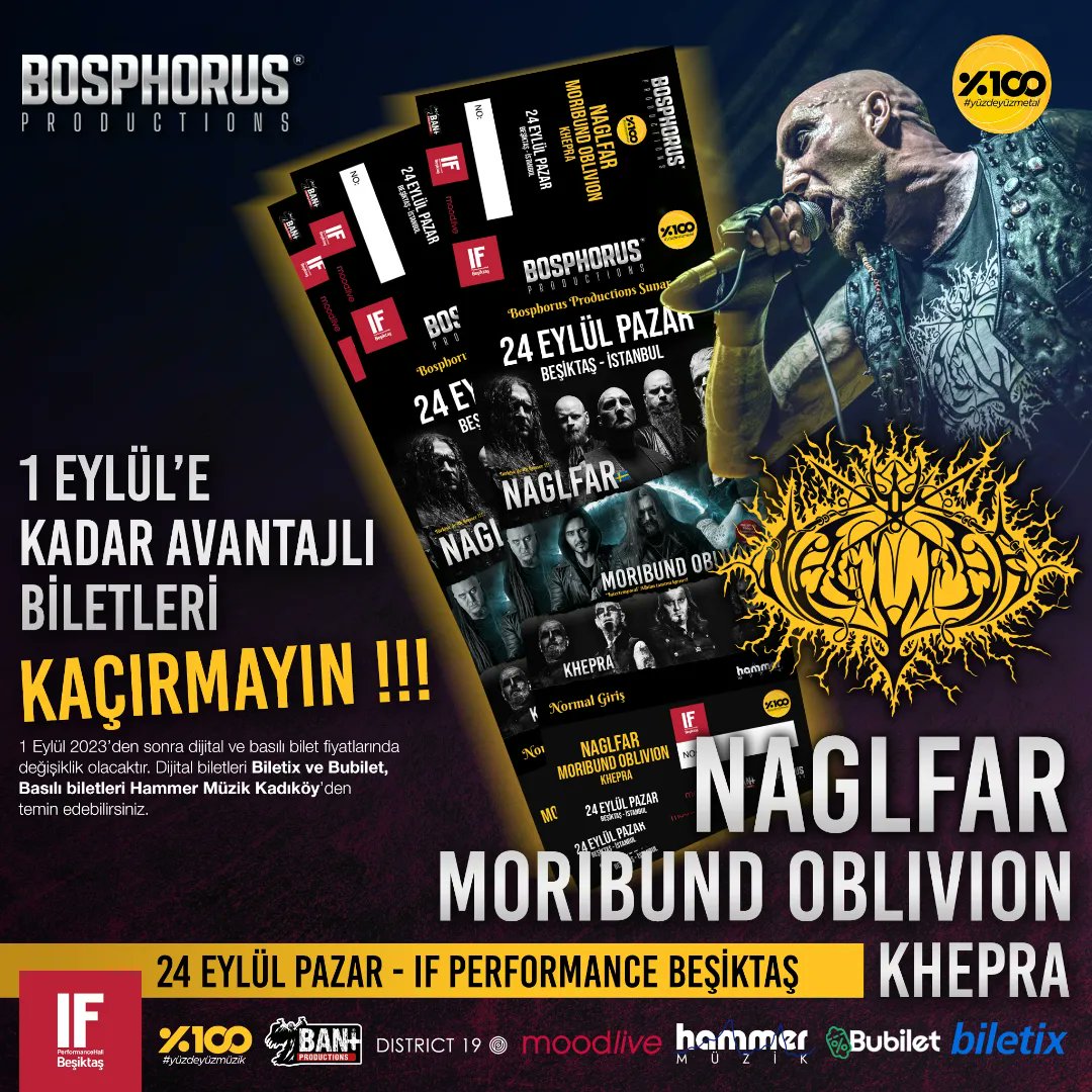 BosphorusMetal's tweet photo. 1 Eylül'e kadar avantajlı bilet döneminden faydalanın!
Dijital biletler Biletix ve Bubilet'de, basılı biletler Hammer Müzikte satışta.
(1 Eylül'den sonra bilet fiyatlarında değişiklik olacaktır)
#naglfar #moribundoblivion #khepra #ifperformancebesiktas #bosphorusproductions https://t.co/pAXx7vYLs0