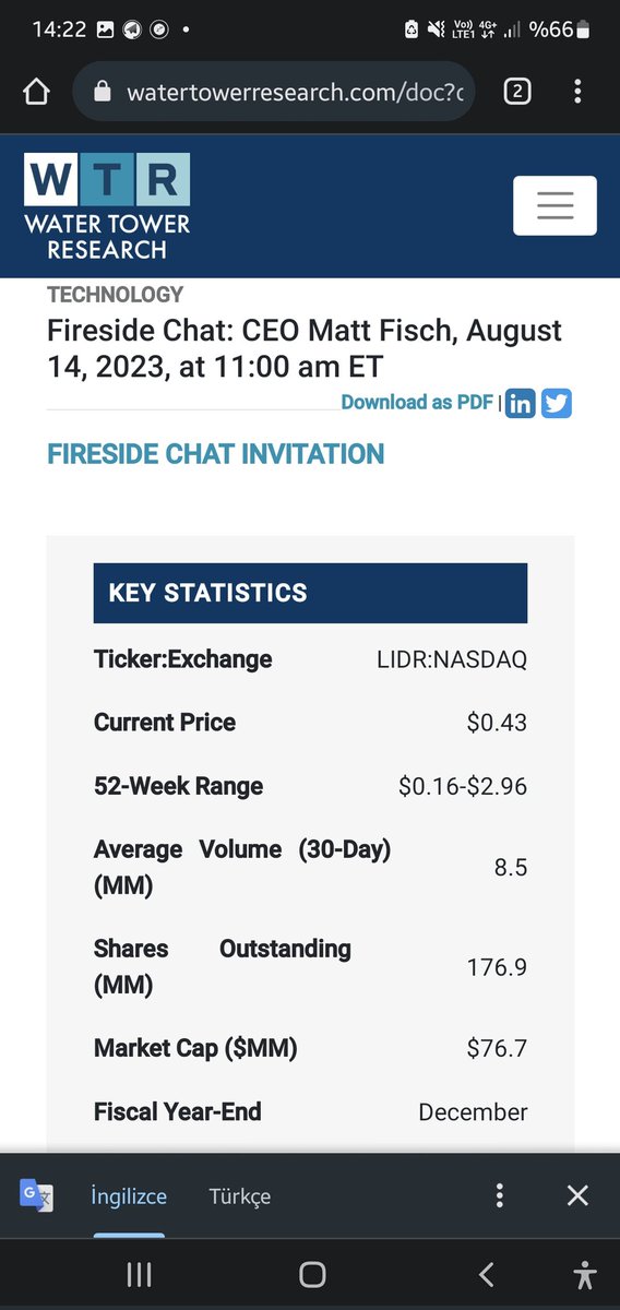 $LIDR

TECHNOLOGY
Fireside Chat: CEO Matt Fisch, August 14, 2023, at 11:00 am ET
Download as PDF |
LinkedInTwitter
FIRESIDE CHAT INVITATION

watertowerresearch.com/doc?docID=FSC_…