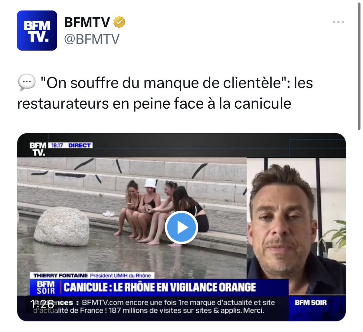 Alors que 35% à 40% des Français, ne peuvent pas partir en vacances, BFM nous explique que les restaurateurs ont peu de clients à cause de la canicule. Il faut dire que 28 degrés dans le sud c’est vraiment exceptionnel! 
Dites <a href="/BFMTV/">BFMTV</a>, vous n’en avez pas marre d’être des suppôts