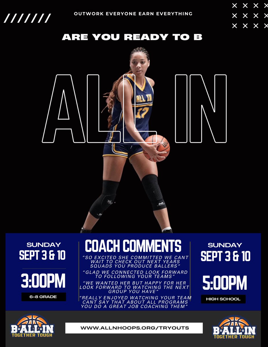 Ready to outwork everyone earn everything? Go ALL IN
🏀 Find Your Fit NAIA - D1 
📱 Send Us A DM &amp; Register
💻 allnhoops.org/register
🗓️ September 3rd &amp; 10th
📍 Loveland HS 
       1 Tiger Trail, Loveland, OH