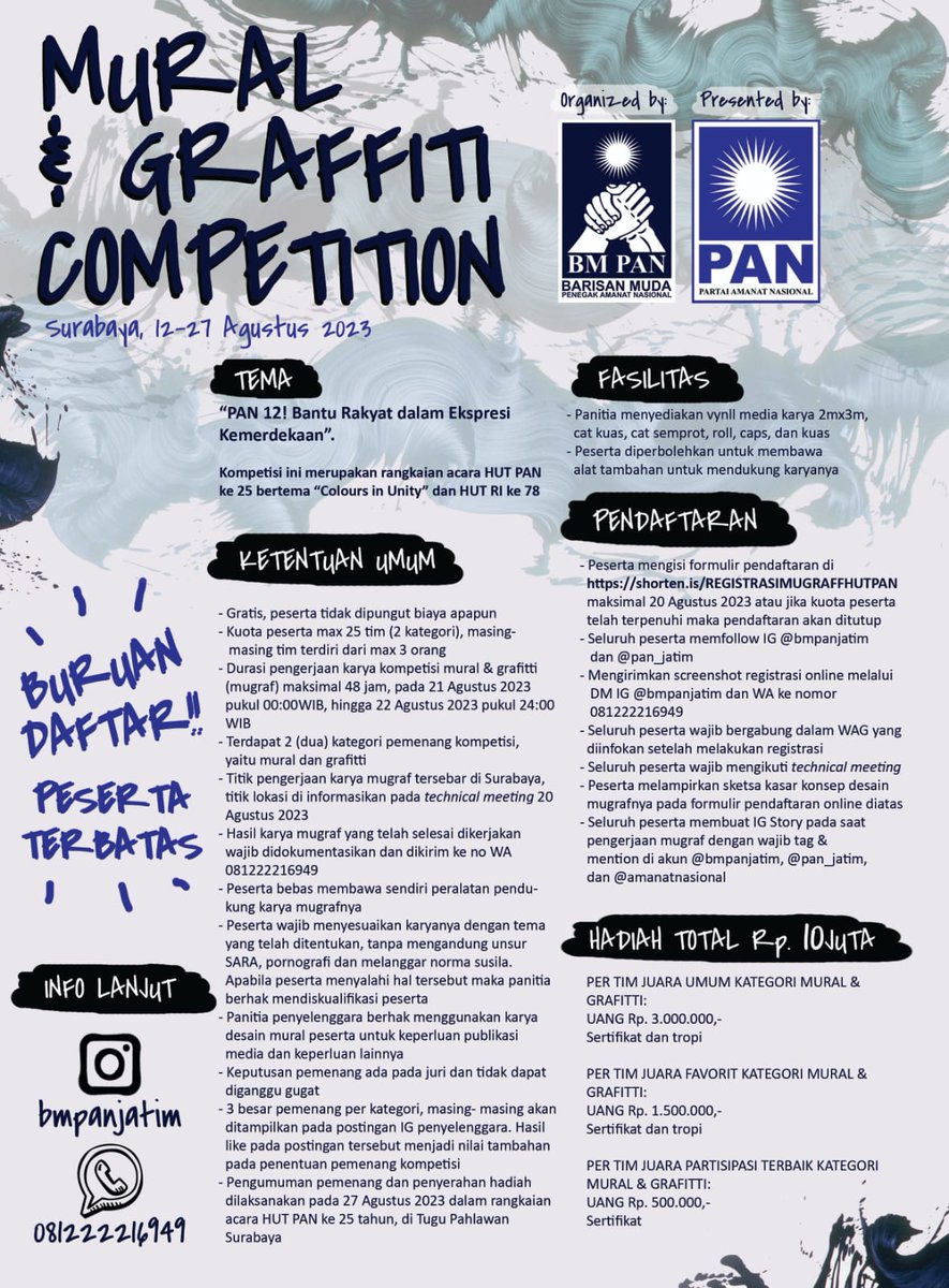 BMPANJATIM1's tweet photo. Yuk para muralist, bomber, street art gabung untuk ikut mewarnai HUT PAN  dengan ekspresi desainmu !! Pengumuman pemenang di acara puncak semarak HUT PAN di Tugu Pahlawan dalam tanggal 27  Agustus 2023 - pukul 18.00.
Dimeriahkan ;
Ungu band
Dll https://t.co/ObyGDaKJR1
