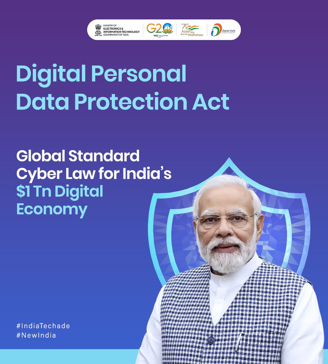 _DigitalIndia's tweet photo. #DPDPAct - A significant milestone in Hon’ble PM @NarendraModi’s vision of Global Standard Cyber Laws for India's $1 Trillion Digital Economy &amp; India’s Techade. #IndiaTechade #NewIndia https://t.co/tz0tJrm5Mj