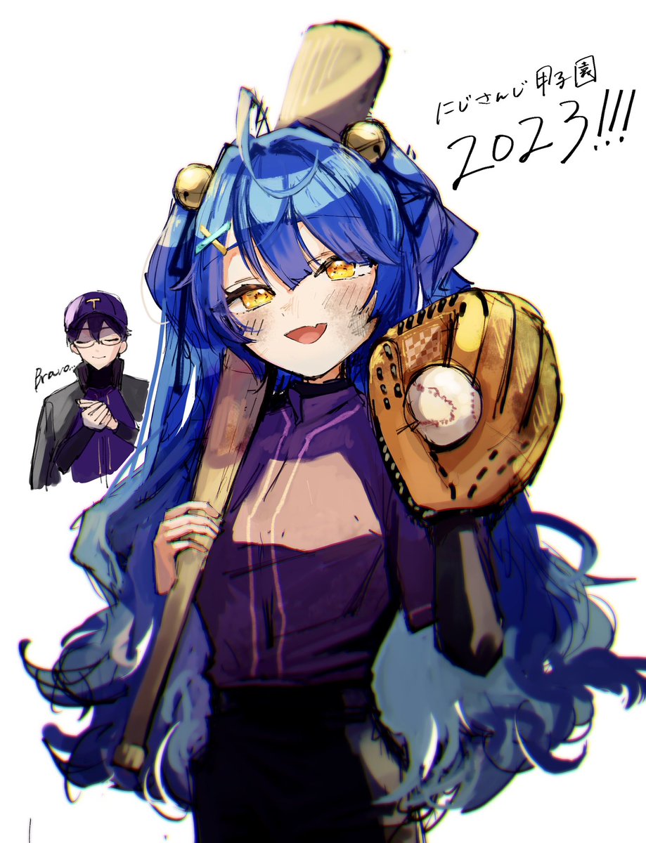 1girl hair bell baseball bat blue hair baseball uniform 1boy bell  illustration images