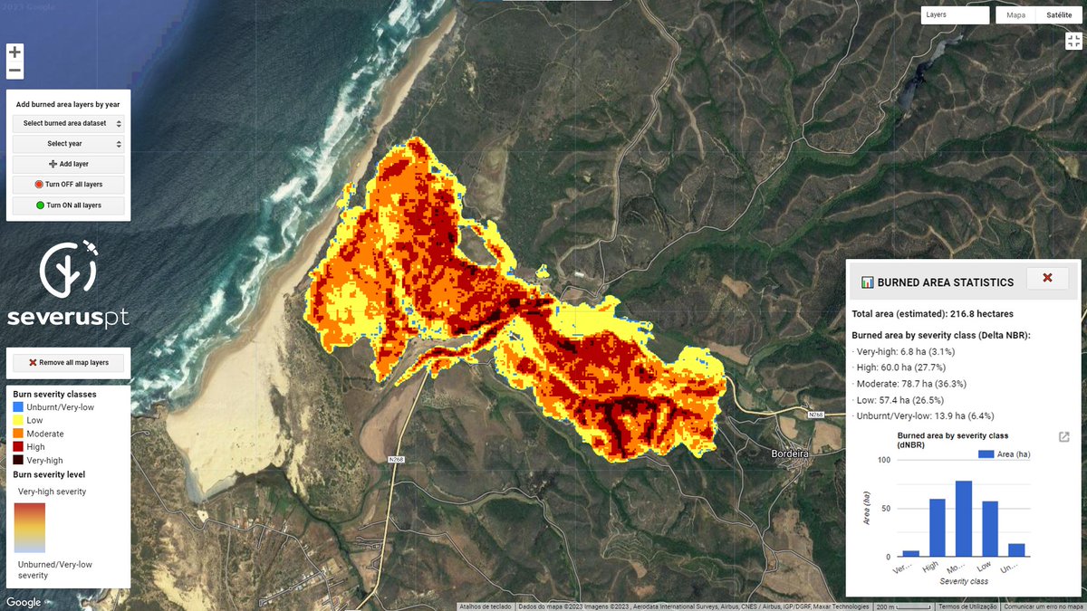 SeverusPt's tweet photo. @FireLab_UTAD @CopernicusEMS @EJournalism @CIBIO_InBIO @EsaIpvc @ProteccaoCivil @agif_IP @FogosPt Here goes. The initial evaluation from Sentinel-2 (12-08-2023) shows ~217 ha of burned area, of which roughly 31% (67 ha) are high and very-high severity https://t.co/TOFY0zINBh
