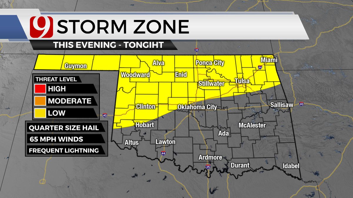 More storms on the way! Later this evening and tonight, our next wave of rain and thunder moves through the state. A low end risk for a few severe storms exists. Small hail and damaging wind gusts are the primary concern. #okwx