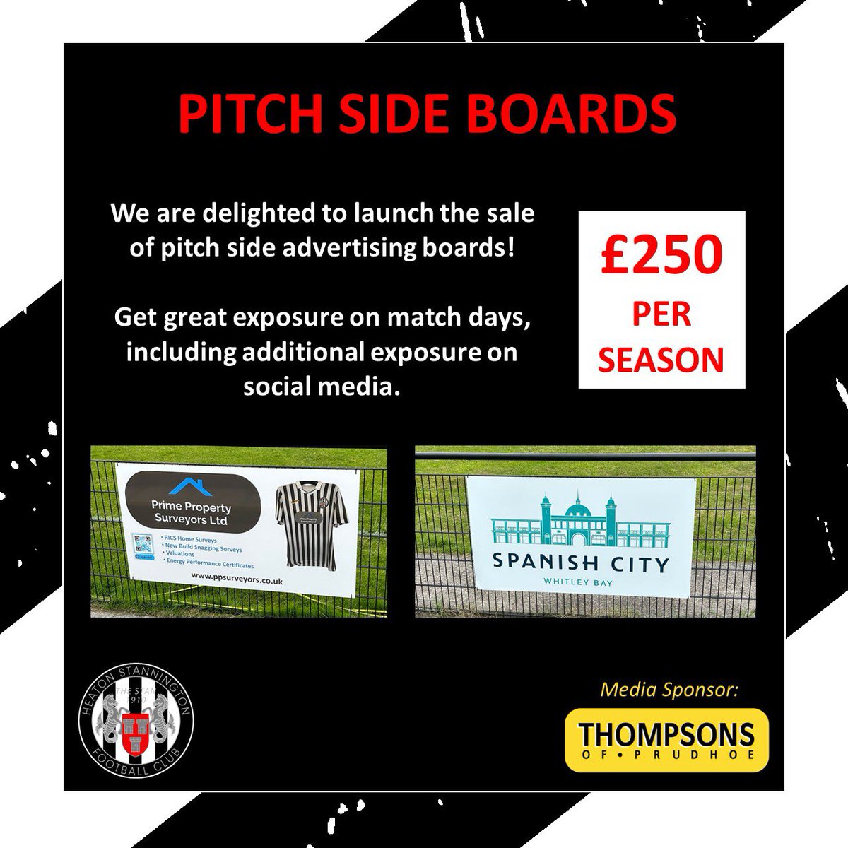 PITCH SIDE BOARDS We are now launching the sale of pitch side boards on our brand new fence at Grounsell Park. A board gets you amazing exposure on match days and via media platforms. Great value for money for just £250 per season all in! DM or email heatonstan@gmail.com