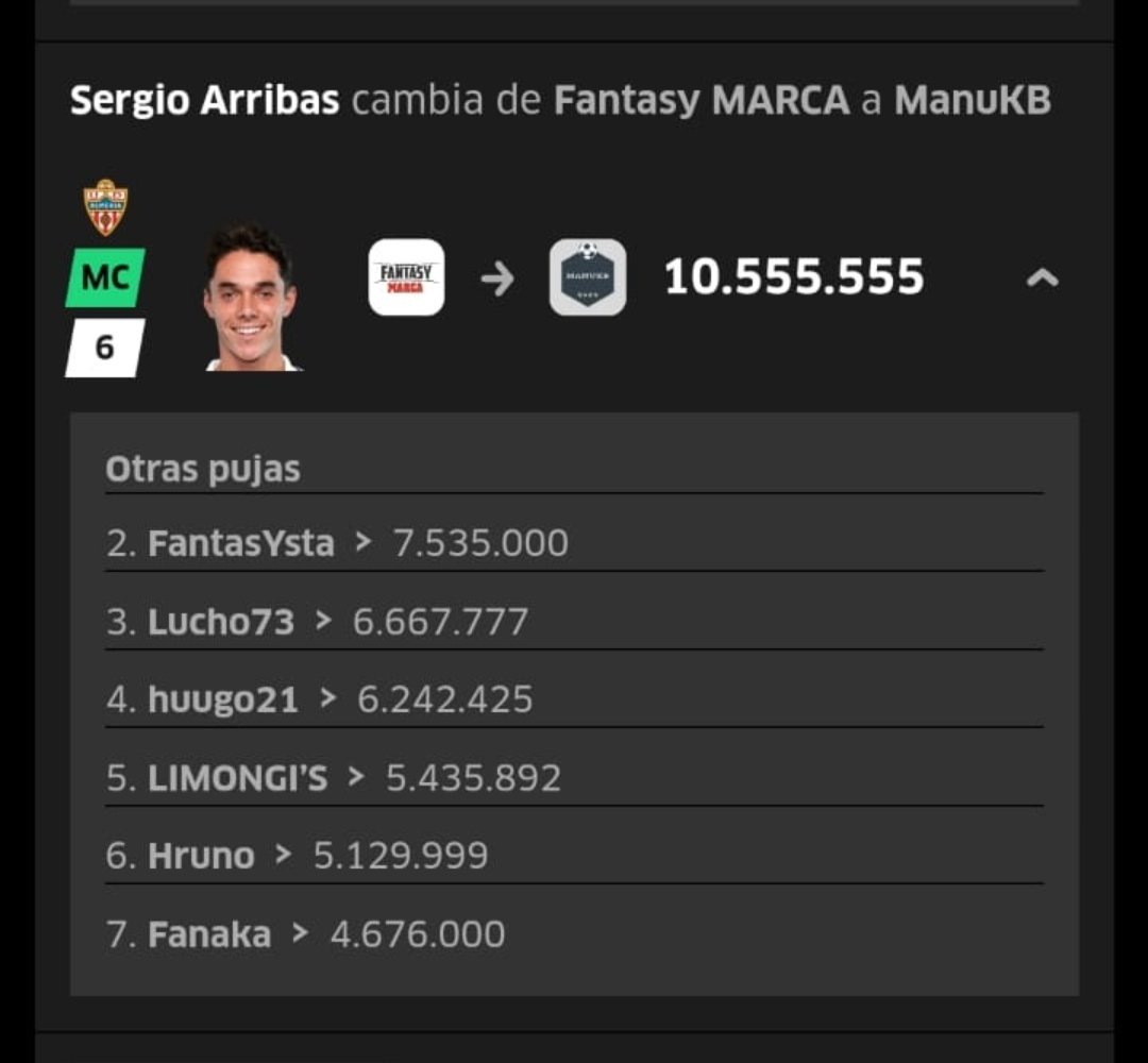 👁️‍🗨️ #ULTIMAHORA ⚽
🔴 🔴 #DIVISION #TOP ⚽
🔴 #TheBest ⚽
Interesantísima #puja por el jugador Sergio Arribas del <a href="/U_D_Almeria/">UD Almería</a> que se llevó nuestro manager <a href="/Sanzmanuel95/">msrp</a> 👏🏼