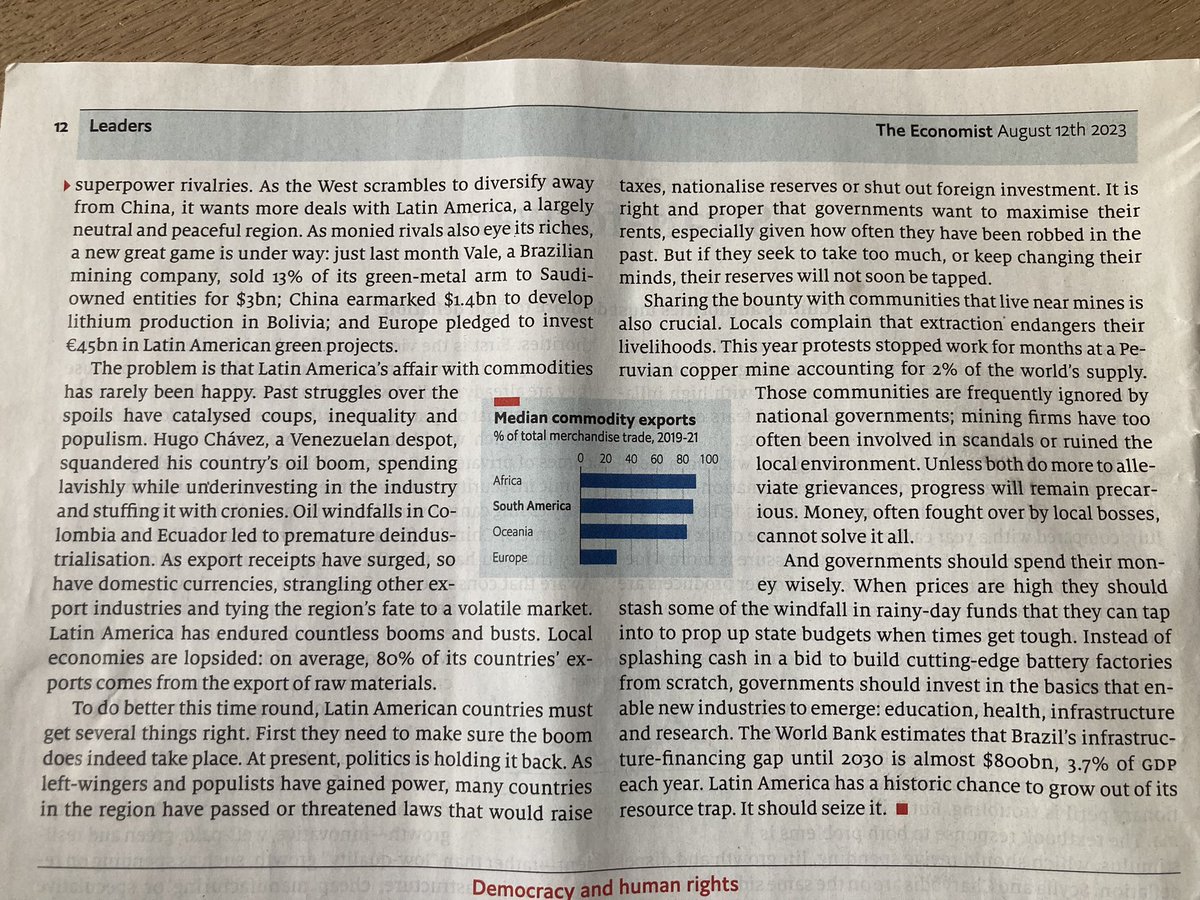 noevanhulst's tweet photo. Great piece in @TheEconomist on how #LatinAmerica could benefit from #commodityboom. Key question: how 2 avoid #DutchDisease & the #ResourceCurse? More on this in my book #FromDutchDiseasetoEnergyTransition https://t.co/fjR2HDk5ht https://t.co/0tCqpKrp38