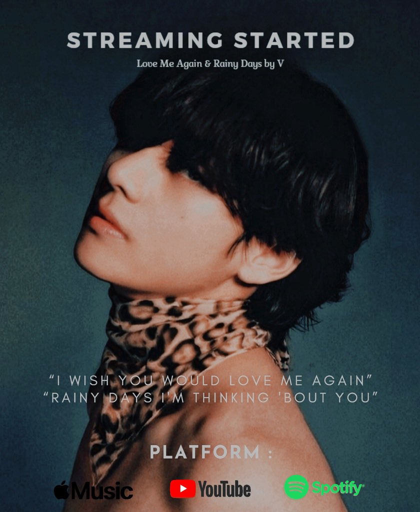 7btsupdates's tweet photo. 🎶 ARMY LET'S JOIN US!!! 🥳💜
reply your streaming + keyword + hashtag BB 

🔑 LOVE V AGAIN
LOVE V IN RAINY DAYS

I'm listening to #RainyDays by #V of ( @BTS_twt ) from the new album #Layover

🎶 Playlist 🎶
• Spotify 
https://t.co/Q2ODGRgXQG
• YouTube 
https://t.co/h7s4VvuuC1
• Apple Music 
https://t.co/j7j9GpLJpd
• Stationhead 
https://t.co/2sUaqxYKWX

I'm listening to #LoveMeAgain by #V of ( @BTS_twt ) from the new album #Layover