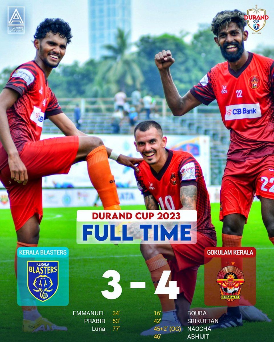 FootballAccent's tweet photo. Gokulam Kerala FC wins the Kerala Derby after beating Kerala Blasters by 4-3 in the Durand Cup 2023 ...
#DurandCup2023 #GokulamKerala #KeralaBlasters #KeralaFootball #IndianFootball #KBFC #GKFC #KeralaDerby #DurandCup #FootballAccent #KeepSmilling https://t.co/FlPibALKt2