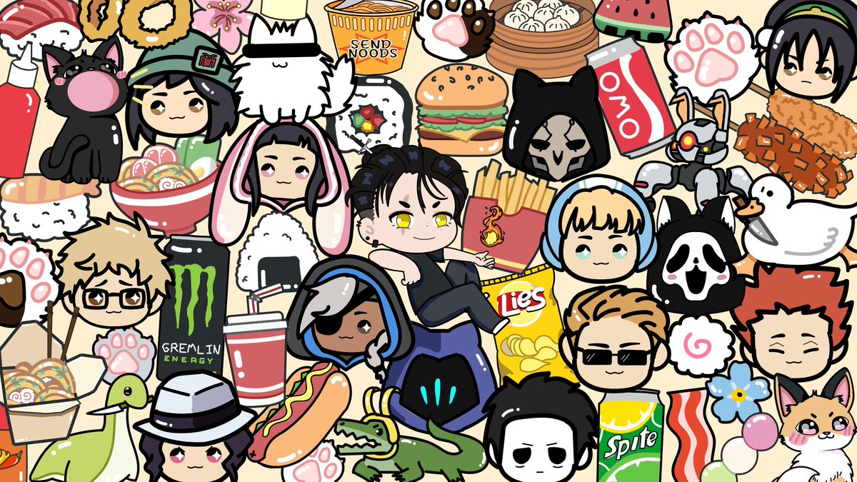 Second banner I made some time ago 👉👈
My fav characters plus food of course (✿･ワ･)ﾉ♡
Is your favorite in here by any chance? 
#shortantagonistart #dbd #ow2 #valorant #apex #morehashtags