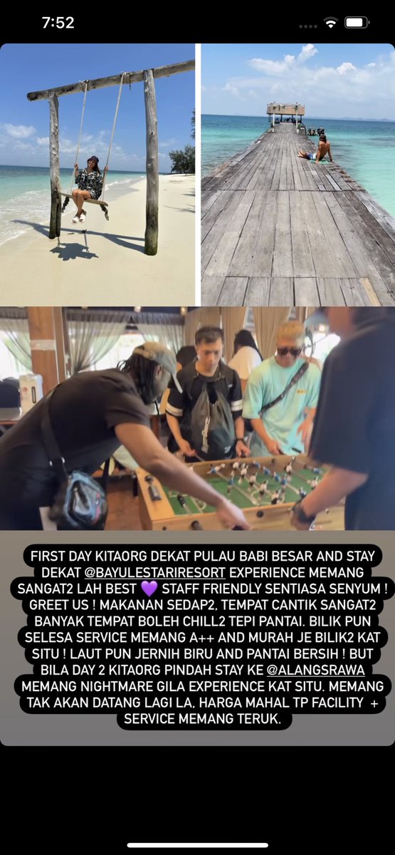 arfdy12's tweet photo. Wehhh seram tengok igstory Bella Khann and group bayar RM17,000++ untuk percutian 2 Malam kat Pulau Rawa tapi service resort macam tu 😭😭

Kalau ada complain siap delete komen dan off terus.

Siapa yang ada experience kat situ boleh share? Baru plan nak pergi resort tu 😭 

Credit : @bellakhann