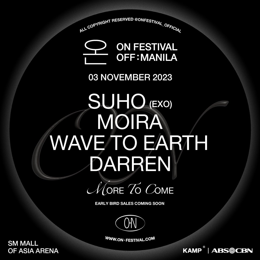 Filipino acts <a href="/moiradelatorre/">Moira Dela Torre</a> and <a href="/Espanto2001/">Darren</a> join Korean acts SUHO of <a href="/weareoneEXO/">EXO</a> and <a href="/wave_to_earth/">wave to earth</a> for 'ON MUSIC FESTIVAL' - more artists to be announced soon. 'ON MUSIC FESTIVAL' is happening on November 3 at the SM Mall of Asia Arena!

#OnMusicFestival