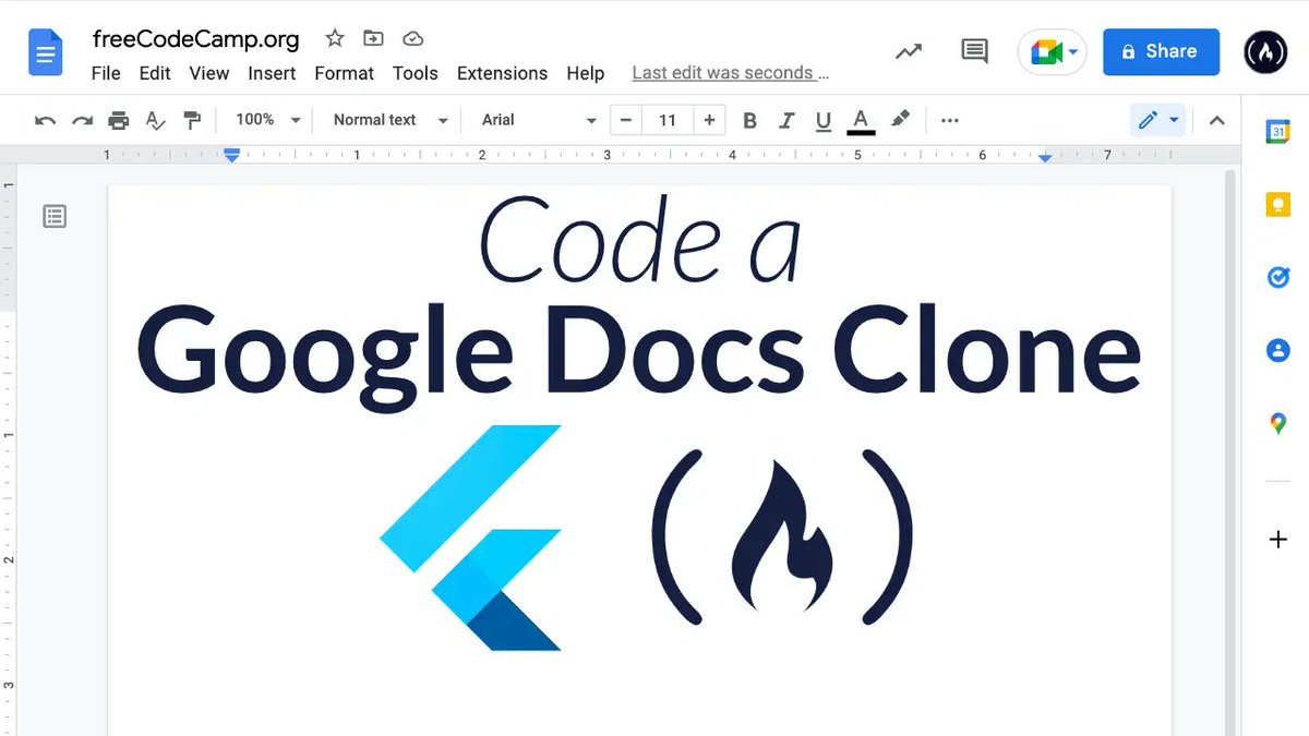 freeCodeCamp's tweet photo. Want to practice your coding skills? Try building a Google Docs clone.

In this course you'll use Flutter, Node, Express, and other fun tools to create the project.

Your app will have authentication, state persistence, autosave, &amp; more. Find it on freeCodeCamp's YouTube channel. https://t.co/Aw5Dk7Cl6F