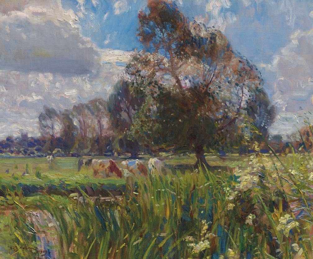 Landscape painting was Alfred Munnings’s first love and throughout his life he made landscapes, emulating his great East Anglian predecessor, John Constable. He made regular trips to the Wensum valley just a few miles west of Norwich, where this work from 1909 was painted.