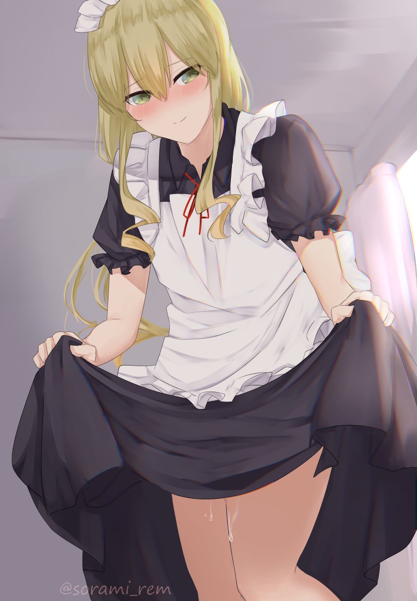 solo blonde hair maid blush long hair apron maid headdress  illustration images