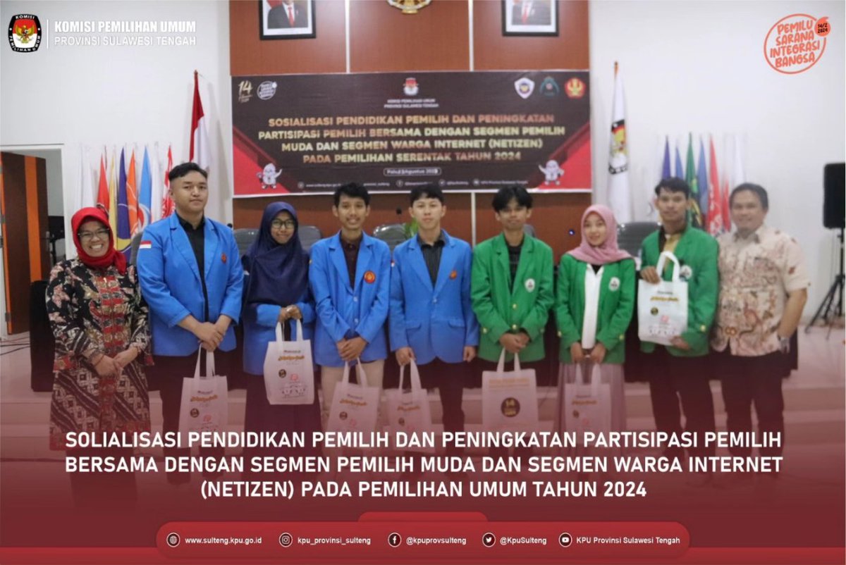 KpuSulteng's tweet photo. #TemanPemilih, Komisi Pemilihan Umum Prov Sulawesi Tengah menyelenggarakan Kegiatan Sosialisasi Pendidikan Pemilih dan Peningkatan Partisipasi Pemilih dengan Segmen Pemilih Muda dan  Segmen Warga Internet (Netizen) pada Pemilihan Umum Tahun 2024. Minggu 13/08/23.

#KPUMelayani https://t.co/7pm70DUvhX