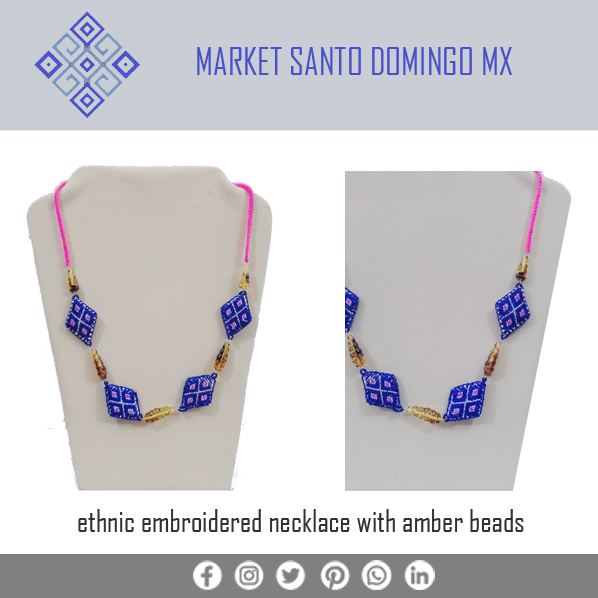 Hand embroidered bespoke necklace with amber. For more visit our store  - marketsantodomingomx.myshopify.com
#ethnicnecklace #mexicanjewelry #ambernecklace #ethnicjewelry #embroideredjewelry #embroideredpendant #bohojewelry #bohonecklace #bespokejewelry #uniquejewelry #softjewelry