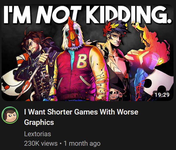 NightFawnArt's tweet photo. calling very beautifully styled, lovingly and painstakingly rendered games with hours of content inside "shorter games with worse graphics" has got to genuinely be the biggest 'fuck you' to every game in this thumbnail. stop fucking saying this please. https://t.co/C1HVtJPELk