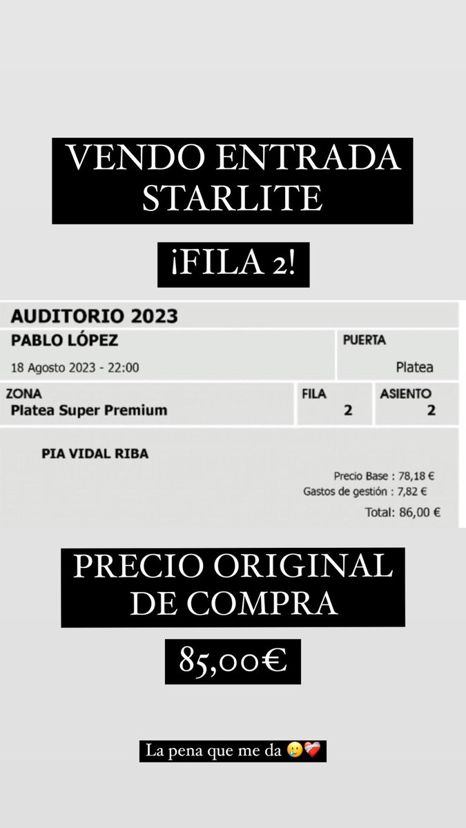 PiaVidalRiba's tweet photo. VENDO ENTRADA 🆘🆘
¿Me ayudáis a compartir?
La pena que me da vender 🫤❤️🩹
#startlite #pablolopez https://t.co/PVOOrwxK7q