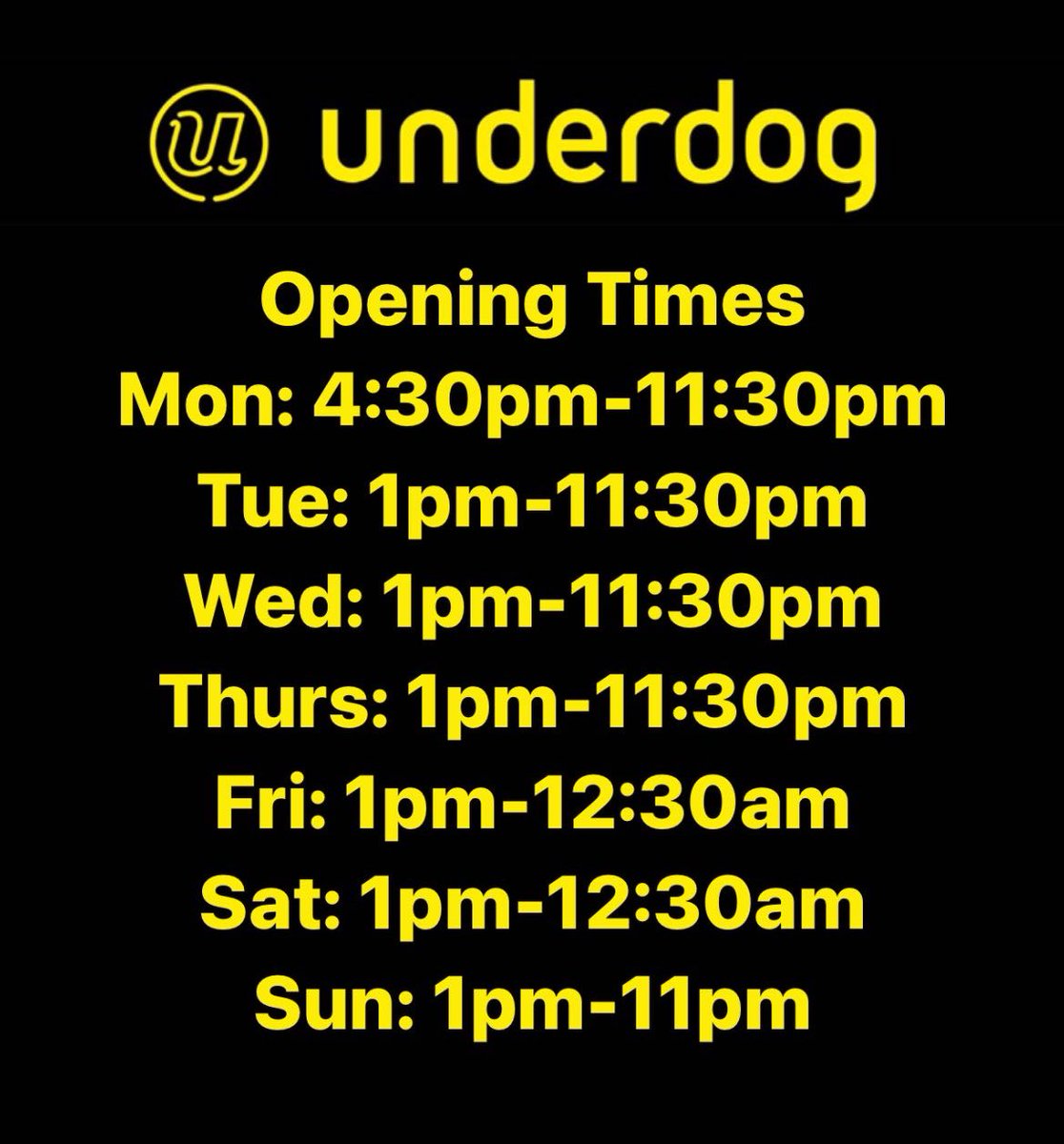 UnderDogDub's tweet photo. Friends!! Revised opening hours below… 7 days a week, opening a tad later on Mondays!! 😘😘🍻🍻✌🏼✌🏼 https://t.co/GWRHciM9Fb