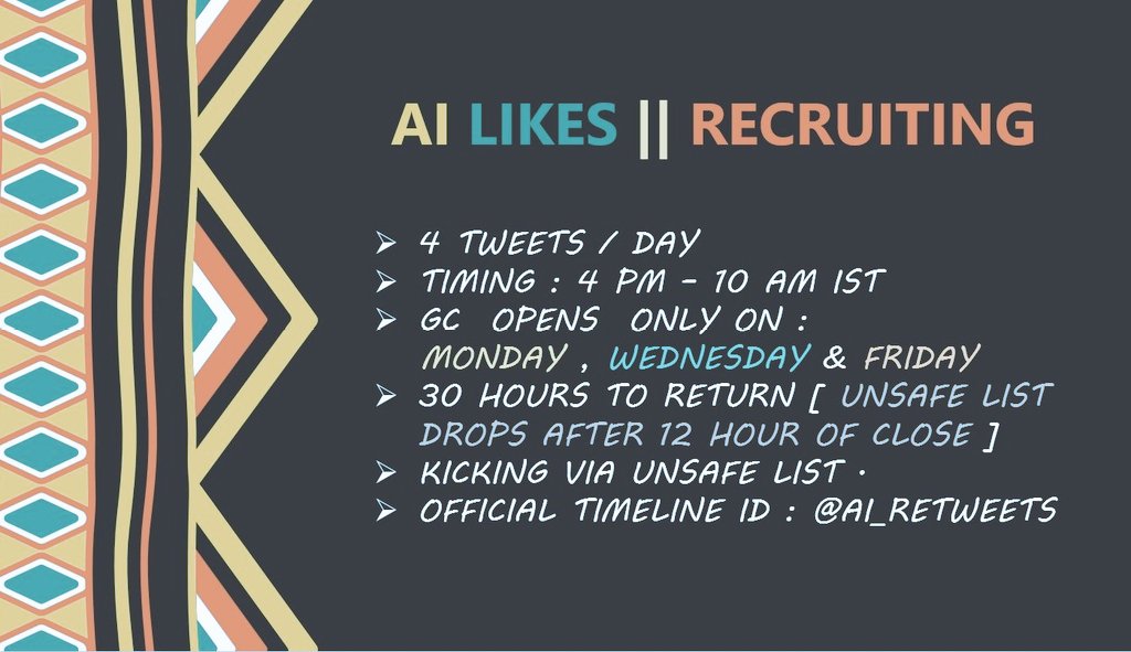 ♨️ A-I LIKES GC || RECRUITING NEW MEMBERS 🔰‼️

» MULTI FANDOM 
» OPEN DMs 
» 4 PLUGs  
» MUST FOLLOW @AI_PROMOGC &amp; @AI_RETWEETS .
» 70- 75 LIKES  💯

‼️RT &amp; DROP @ TO BE ADDED 💙🤍
 #A_IpromoGC #A_IlikeGC #A_IfavGC