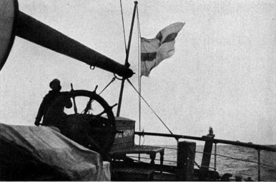 1SafetyLast's tweet photo. TO THIS WHEEL THE HELMSMAN WAS OFTEN LASHED IN ROUGH WEATHER, LEST HE GO OVERBOARD

Behind the wheel is the ship's bell, which through the lonely watches of forty years has struck the hours on the Grace Harwar. From the rail drags the log line. https://t.co/aD9Rixu7Eo