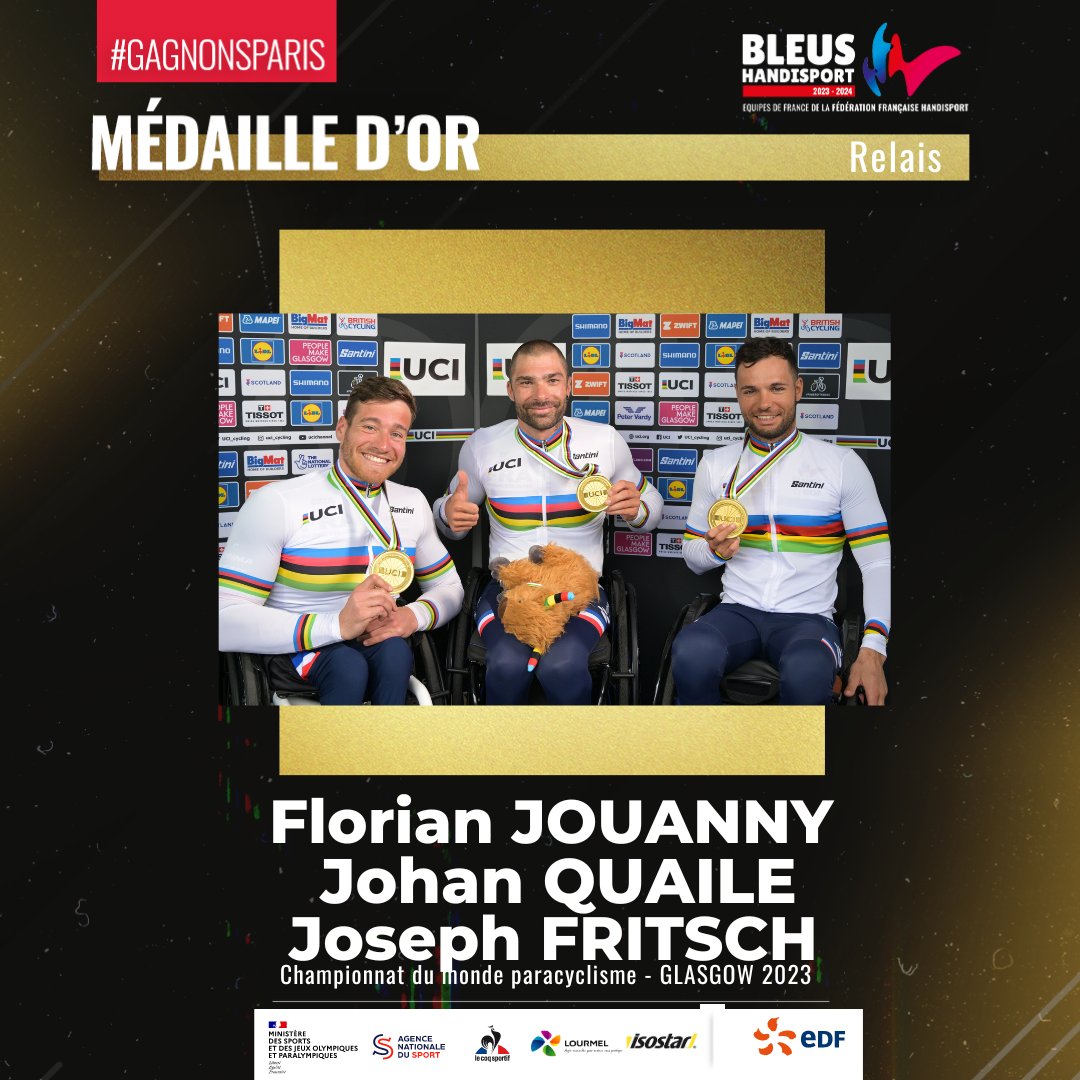 LE RELAIS HANDBIKE CHAMPION DU MONDE ! 🌈 
Johan Quaile, Florian Jouanny et Joseph Fristch deviennent champions du monde du relais mixte et conservent le titre de champion du monde pour la France ! 🇫🇷🥇