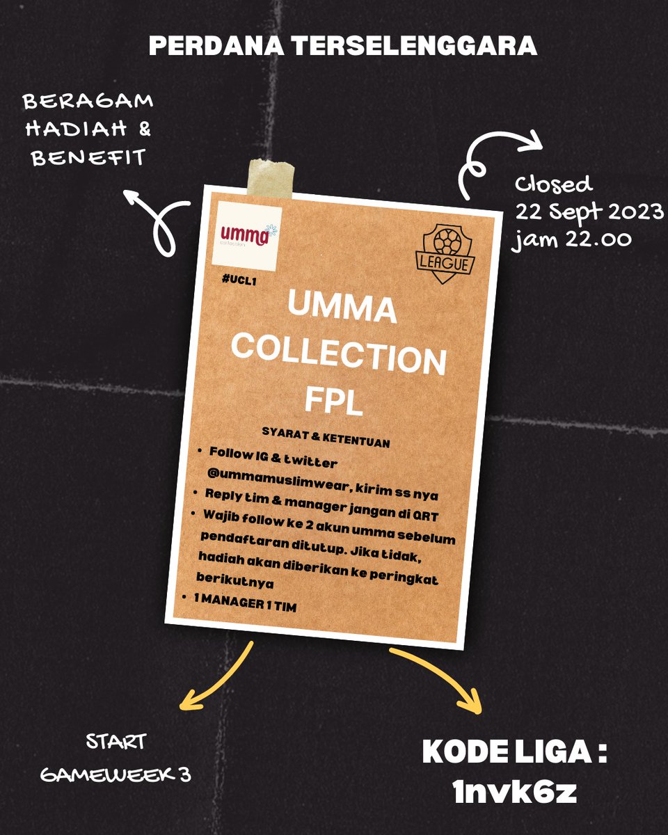UmmaMuslimWear's tweet photo. 📢 Bismillah PERDANA! Sobat twitter #UCL1 Umma Collection Fantasy Premier League.

RAMAIKAN. Hadiah bisa bertambah kl ada sponsor org baik 😁 #FPL #FantasyPremierLeague

JGN QRT, reply biar gampang diliat. Bantu up para suhu @pisangij01 @KoFPLI @KoFPLIJakarta @KofpliDepok https://t.co/oM46CgvaHe