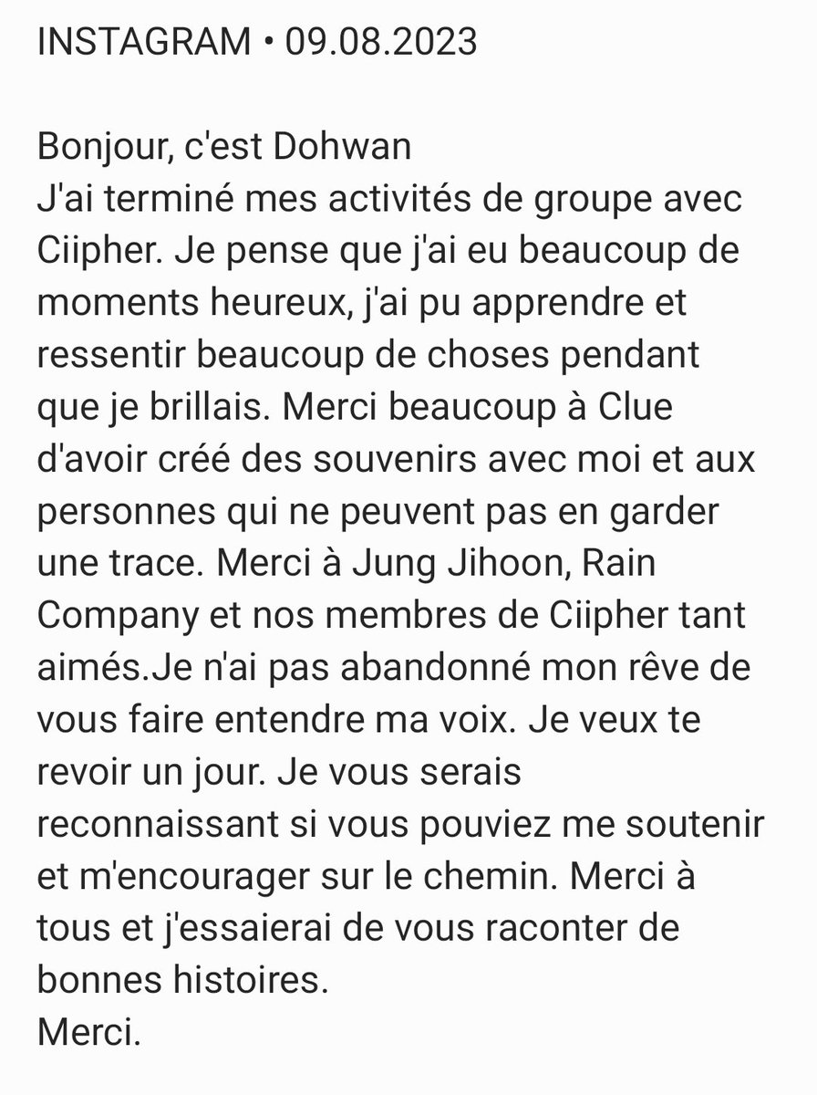 INSTAGRAM • 09.08.2023

Dohwan a écrit une lettre suite à son départ de Ciipher... 🫂