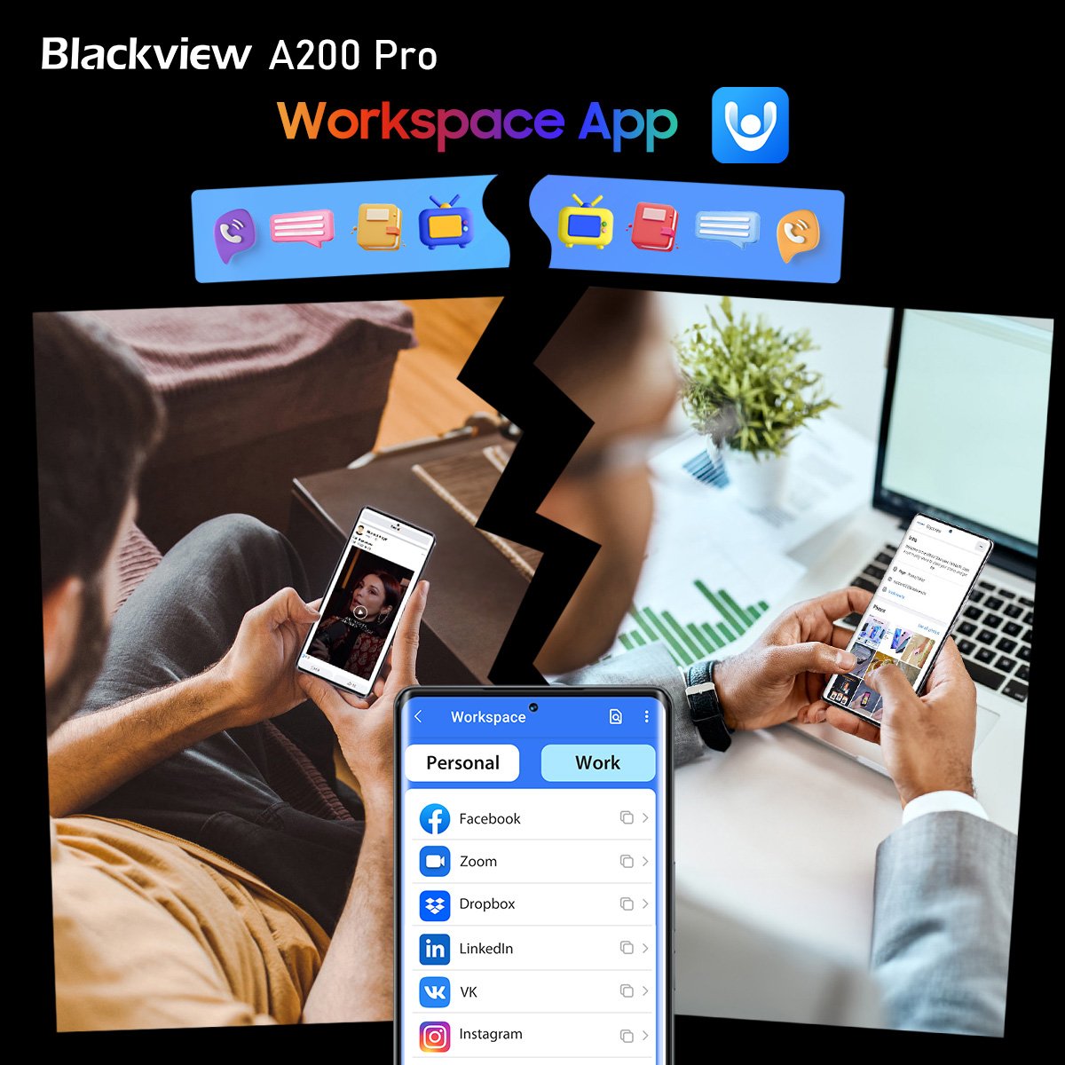 BlackviewJapan's tweet image. #A200Pro の #WorkspaceApp で、プライベートと仕事を効率よく両立しましょう！

【WorkspaceAppとは】
・2つのスペース間でデータを共有しない
・2つの異なるアカウントで同じアプリにログイン可能
・ワークスペースのデータをロック

  #Blackview
s.click.aliexpress.com/e/_m0O95Aq