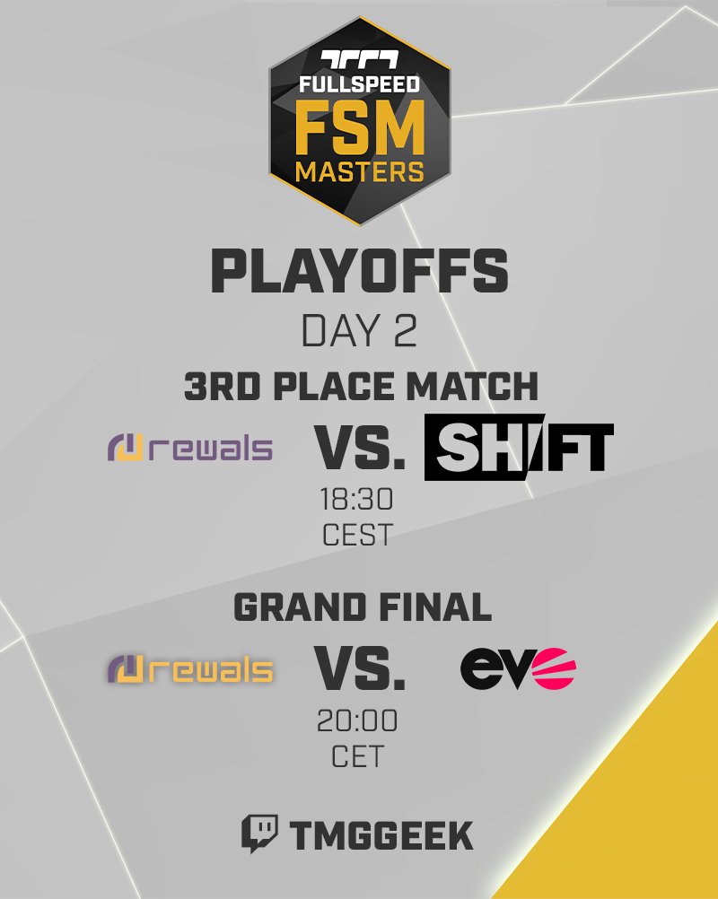 TMGGeek's tweet image. Tonight will see the conclusion of @FSMajorSeries&apos;s FullSpeed Masters.

Who will stand on the podium ? Will reWals Gold go undefeated ? Can Evo stop their domination ?

See you tonight to find out !

⏰ From 18:30 CEST
📺 twitch.tv/TMGGeek

#TOTHELINE #FSISALIVE