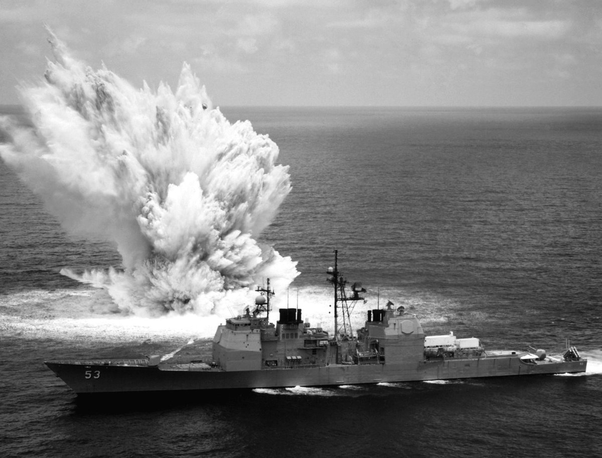 Boneyardsafari's tweet photo. Another look back at USS Mobile Bay CG-63 during her shock test trial in 1987. #cg53 #ussmobilebay #flynavy #aviationsafari #aviationpreservation #boneyardsafari https://t.co/anzMfKj1Z5