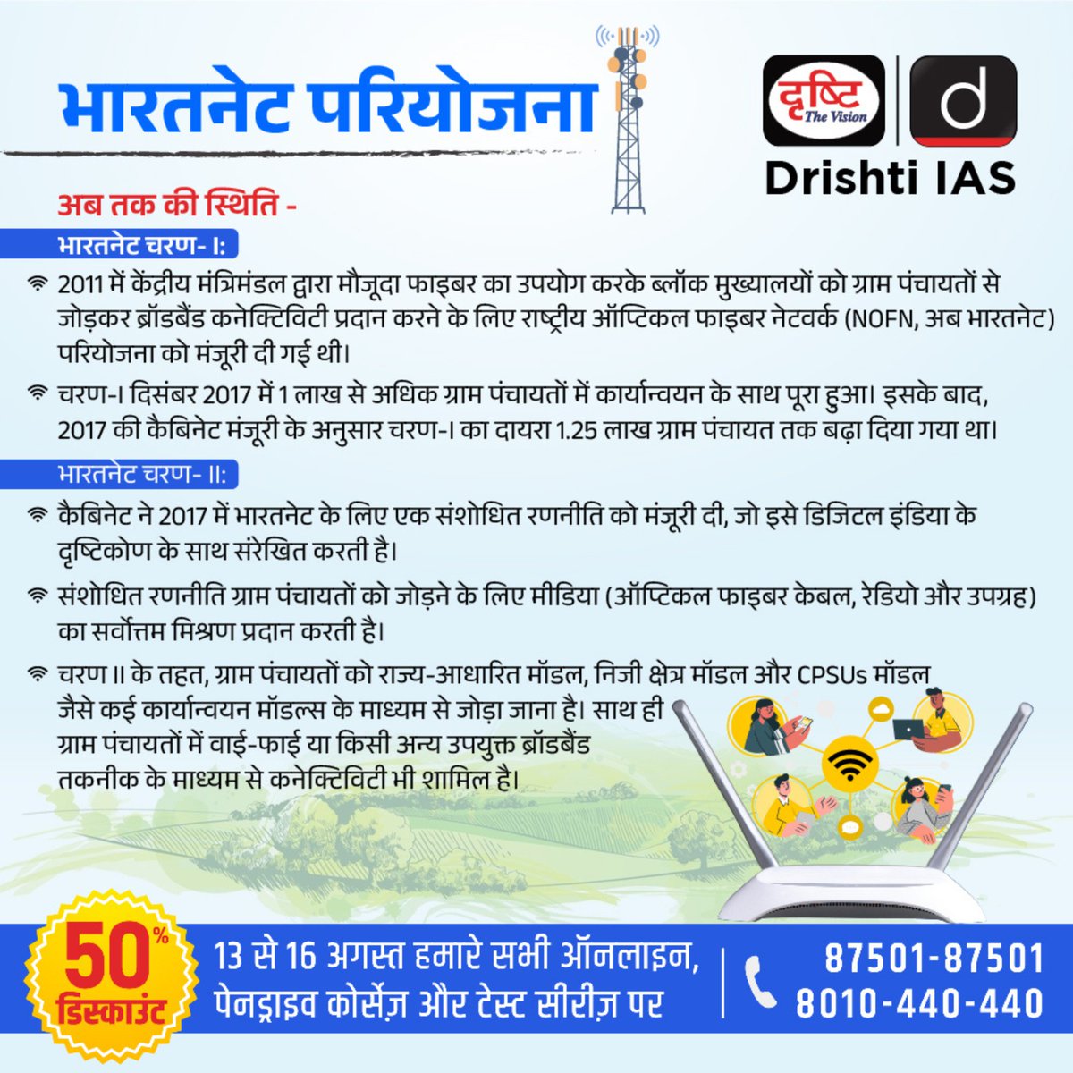 DrishtiPCS's tweet photo. प्रिय विद्यार्थियो,
.
संडे स्पेशल कैरोसल प्रोग्राम में हम बीते सप्ताह की किसी विशेष न्यूज़ की कवरेज करते हैं।
.
आज का टॉपिक है - "भारतनेट परियोजना"
#BharatNetProject #NationalOpticalFibreNetwork #NOFN #telecom #projects #UniversalserviceObligationFund https://t.co/RlMjiPEeiW