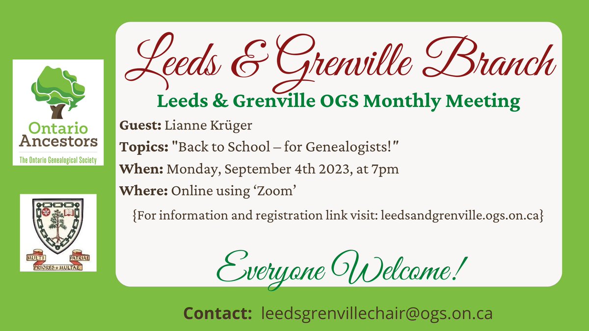 Join us September 4th, 7pm when Lianne Krüger presents: "Back to School – for Genealogists!"

Learn how to use #GoogleMaps to track your family as they moved across town or around the world!

Register: us02web.zoom.us/meeting/regist…

#genealogy #ontarioancestors #leedsgrenville