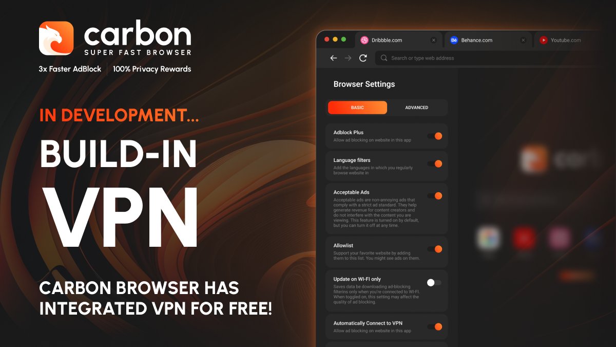 trycarbonio's tweet image. 100% Privacy on Carbon Desktop App 🕵️🔍
🔸 Decentralized Web3 Browser
🔸 Integrated dVPN and e2ee
🔸 Available on Mac OS initially
🔸 Followed shortly by PC
#CarbonBrowser #CSIX $CSIX #BNB
